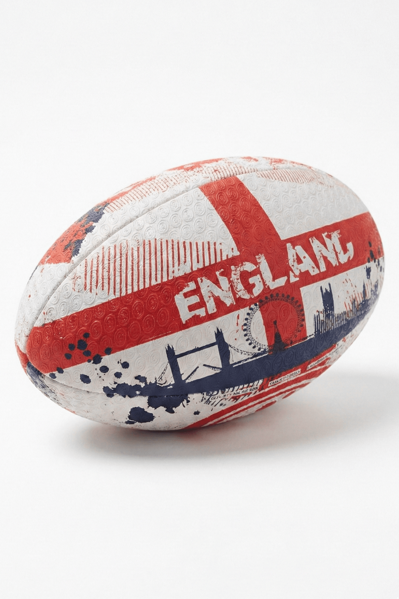 White and red Optimum England rugby ball with St George's cross and London skyline, on white - Optimum