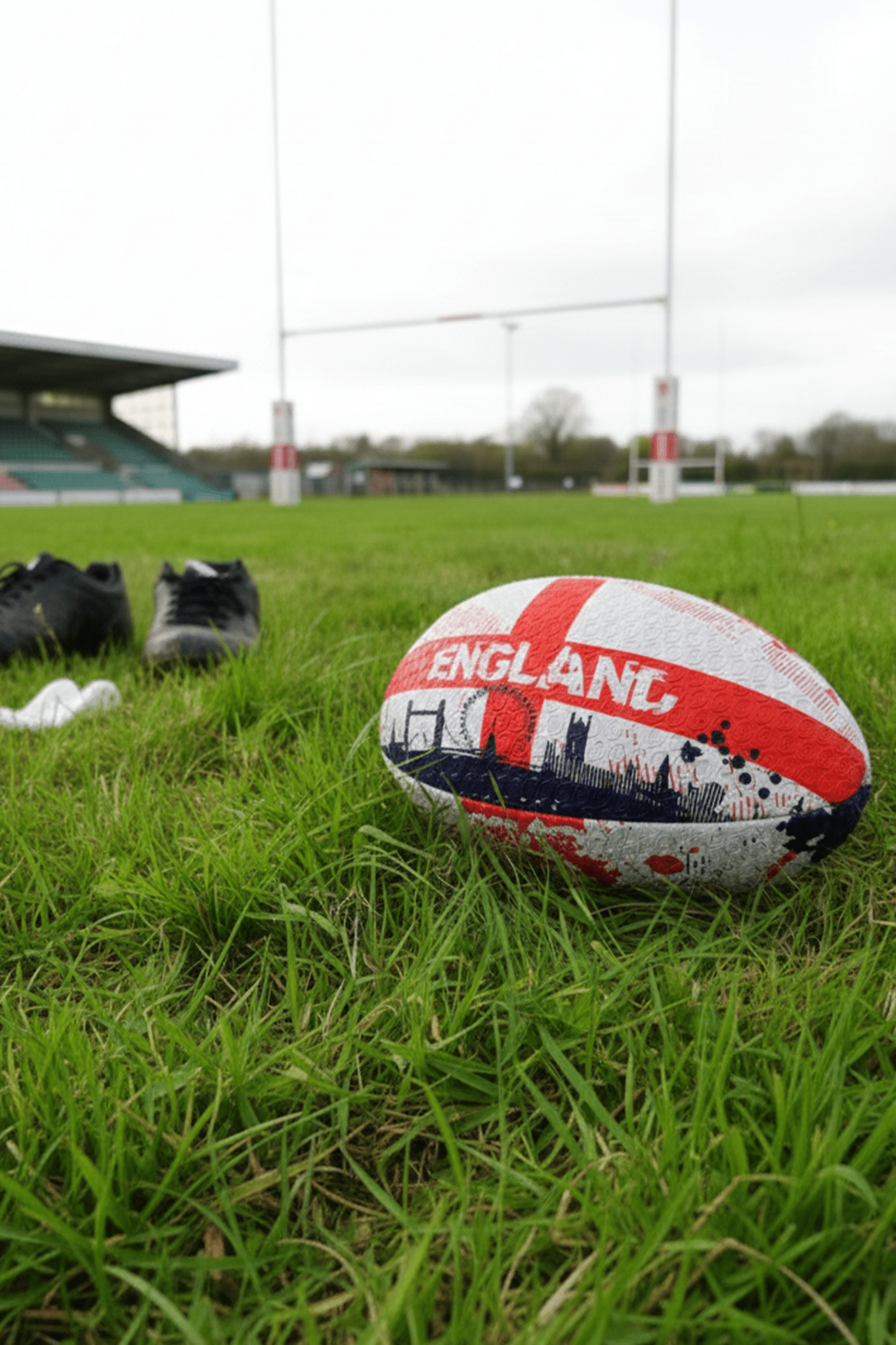 White and red Optimum England rugby ball with ENGLAND print on grass by rugby posts at a ground - Optimum