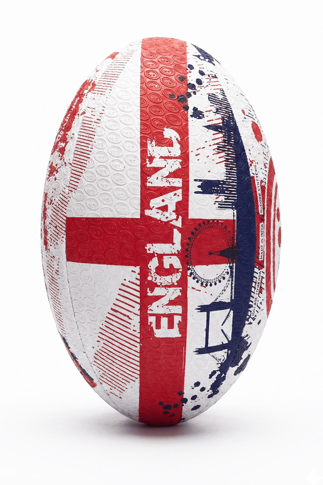 White and red Optimum England rugby ball with St George's cross and ENGLAND print, upright on white - Optimum