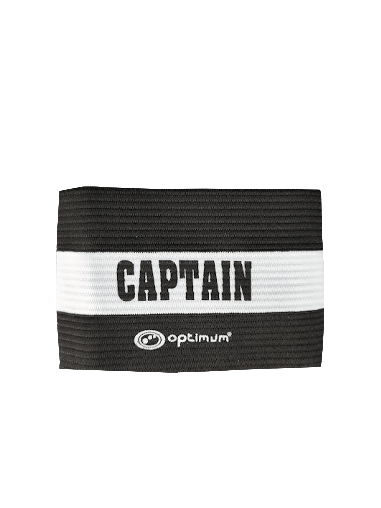 Black Optimum captain's armband with white stripe reading CAPTAIN and logo, on white - Optimum
