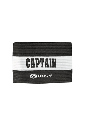Black Optimum captain's armband with white stripe reading CAPTAIN and logo, on white - Optimum