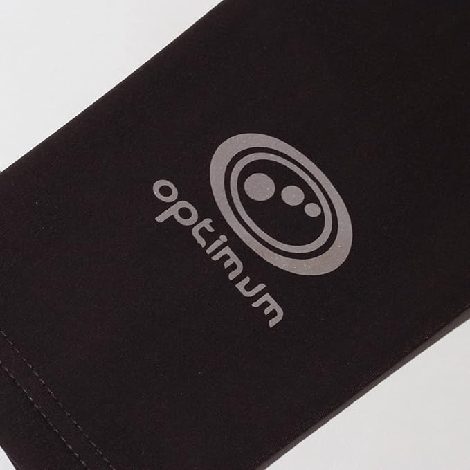 Close-up of black Optimum Hawkley arm warmer fabric with silver-grey logo print - Optimum