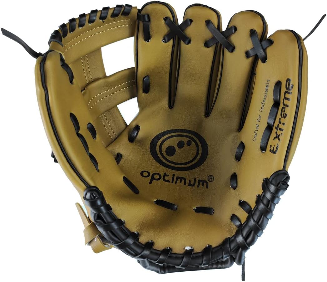 Tan Optimum baseball glove palm view with black Optimum and Extreme logos, on white - Optimum