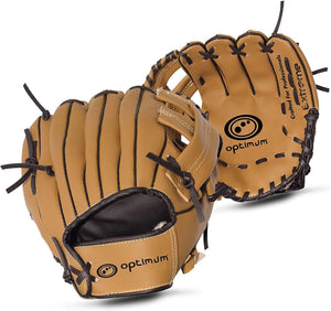 Two tan Optimum baseball gloves showing front pocket and back with Extreme logo, on white - Optimum
