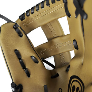 Close-up of tan Optimum baseball glove webbing and black lacing with logo - Optimum