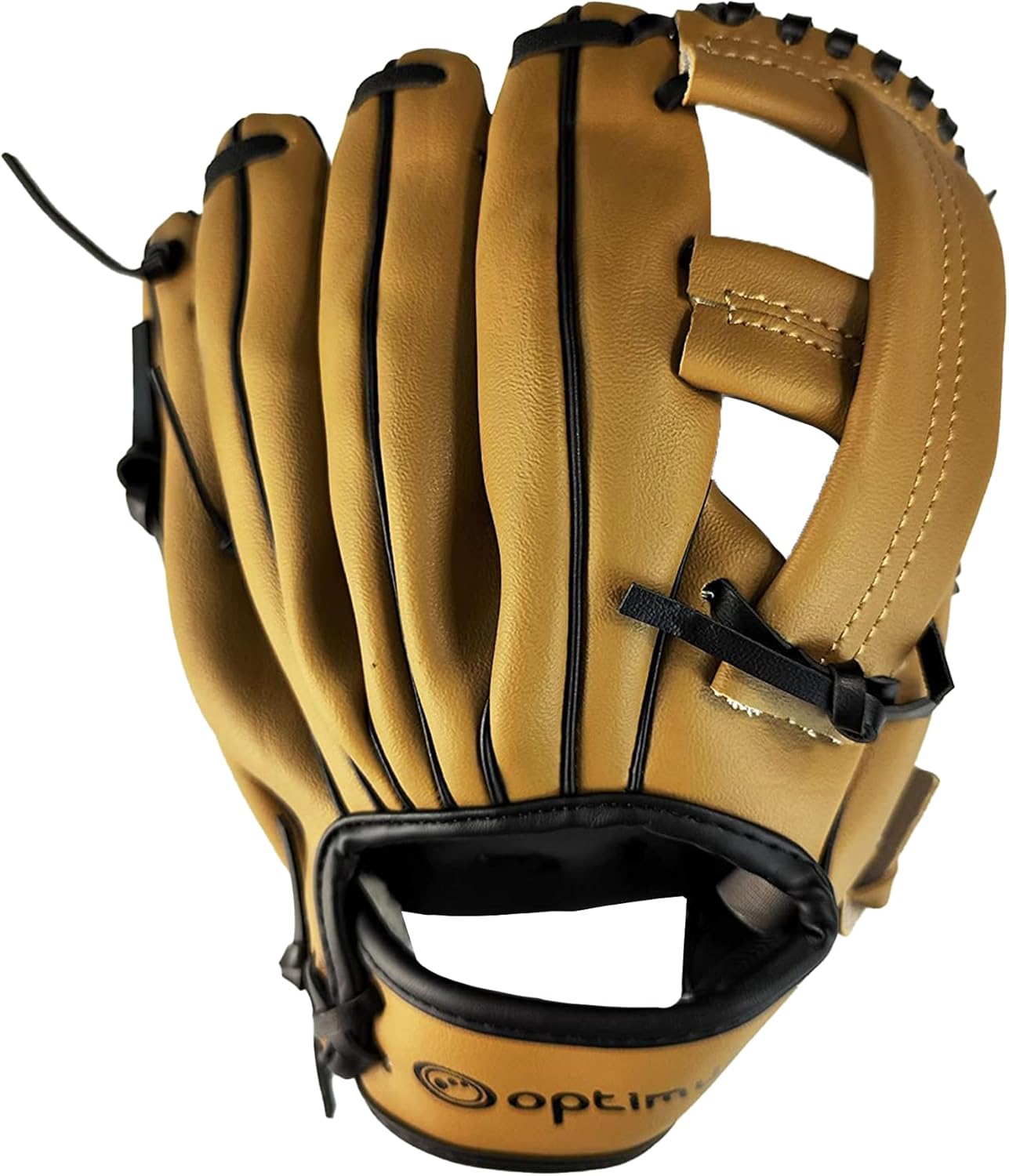 Tan leather Optimum baseball glove, back view showing fingers and logo, on white - Optimum