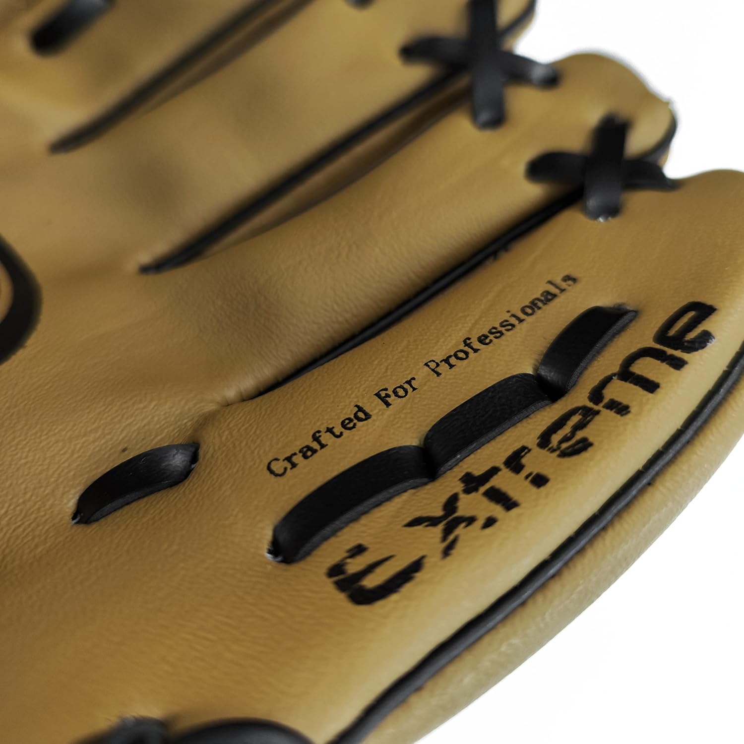 Close-up of tan Optimum baseball glove with Crafted For Professionals Extreme text - Optimum
