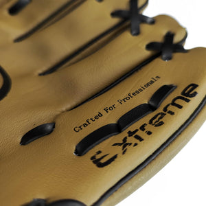 Close-up of tan Optimum baseball glove with Crafted For Professionals Extreme text - Optimum