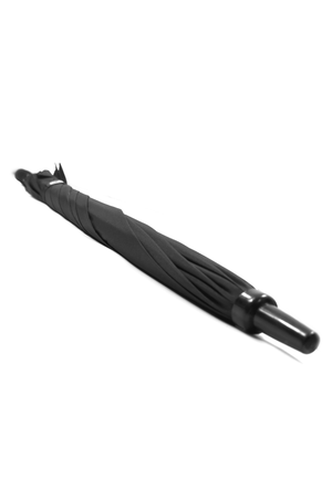 Closed black Optimum umbrella lying horizontally showing straight handle, on white - Optimum