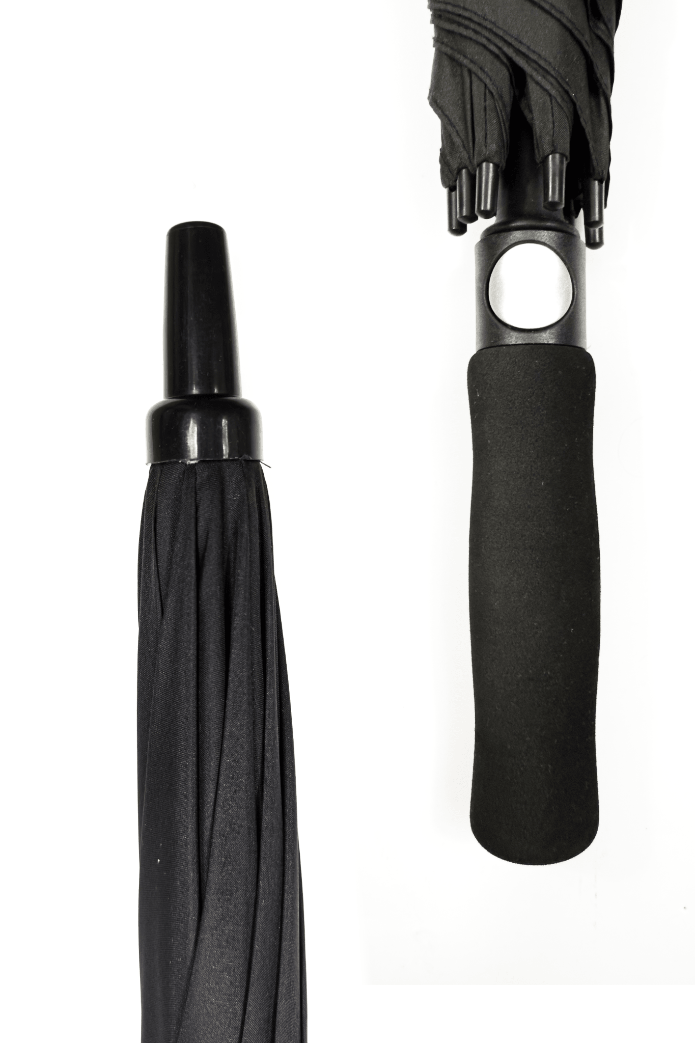 Close-up of black Optimum umbrella showing pointed tip and foam grip handle, on white - Optimum