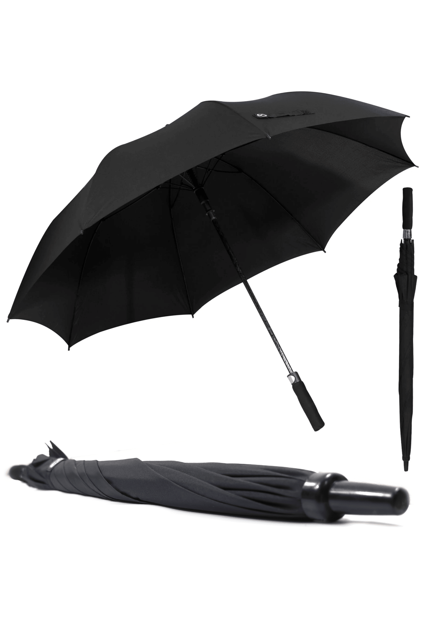 Black Optimum golf umbrella shown open and closed with straight handle, three views on white - Optimum