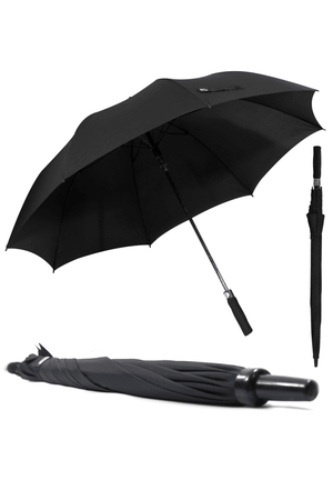 Black Optimum golf umbrella shown open and closed with straight handle, three views on white - Optimum