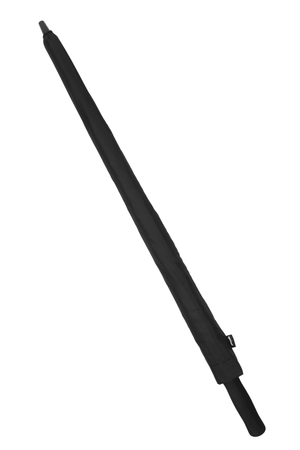 Closed black Optimum umbrella with straight handle and logo tag, diagonal view on white - Optimum