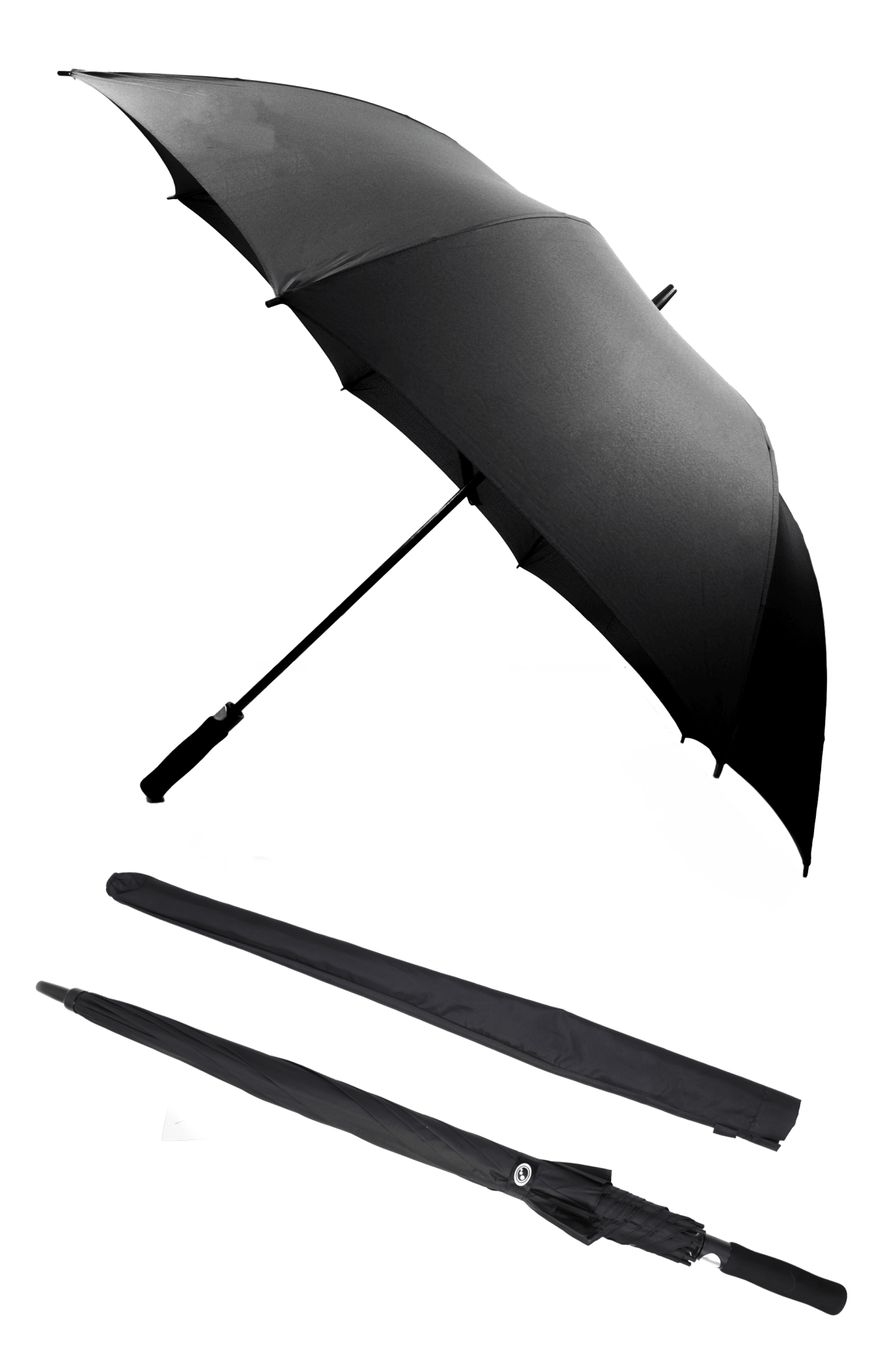 Black Optimum golf umbrella shown open and closed with carry sleeve, on white background - Optimum