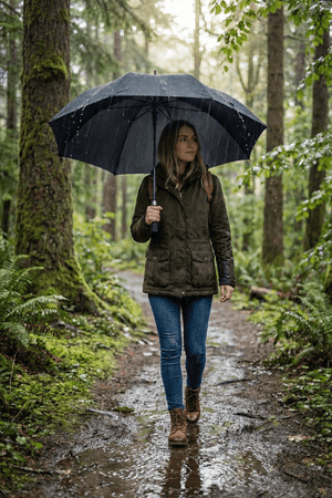 Woman holding open black Optimum umbrella on wet woodland trail in rain, lifestyle shot - Optimum