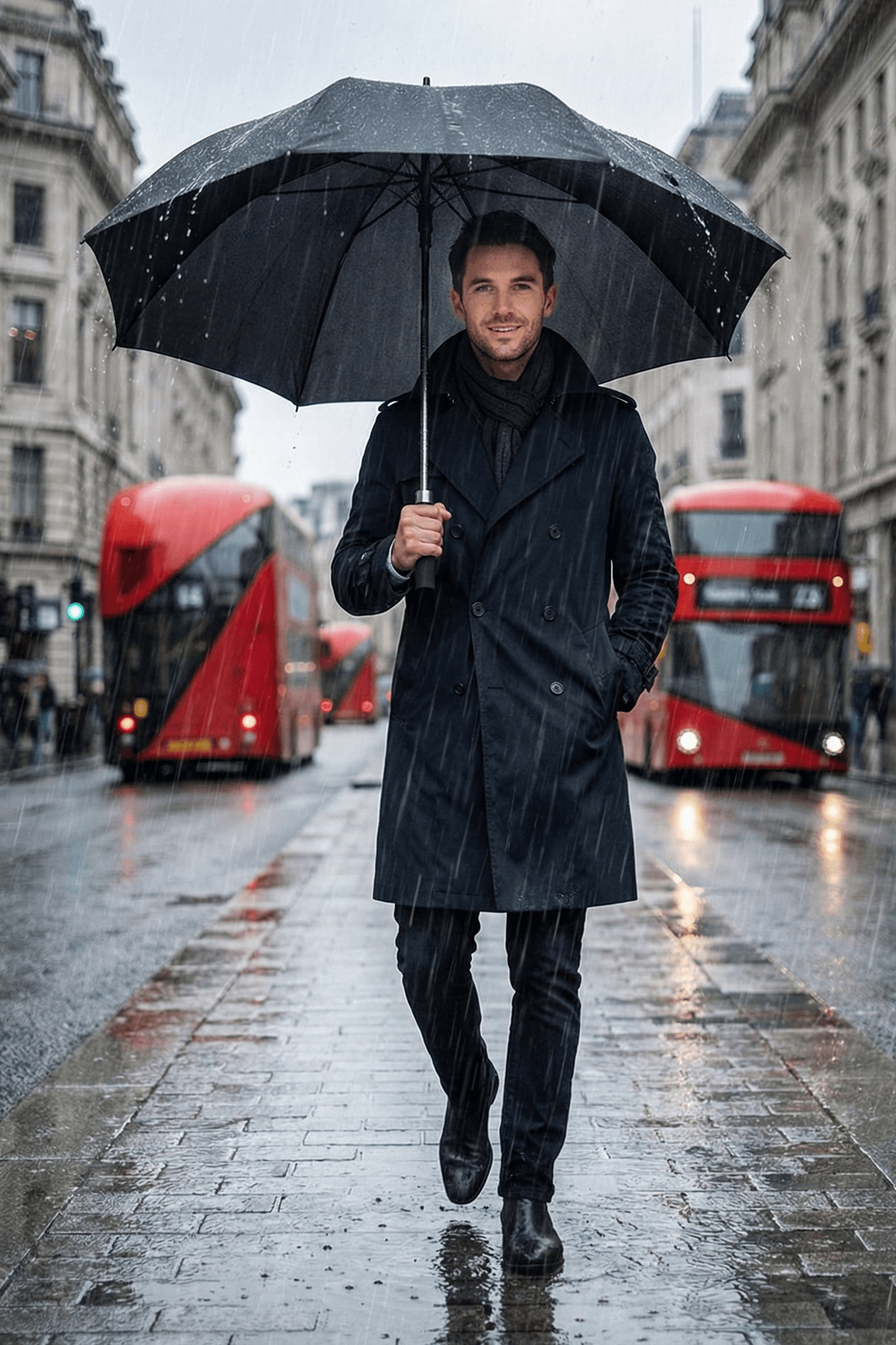 Man holding open black Optimum umbrella walking in rain on London street with red buses, lifestyle - Optimum