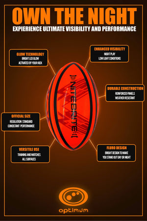 LED Glow Rugby Ball Size 5 – Motion Activated with Auto-Off – Durable Water-Resistant Night Play - Optimum