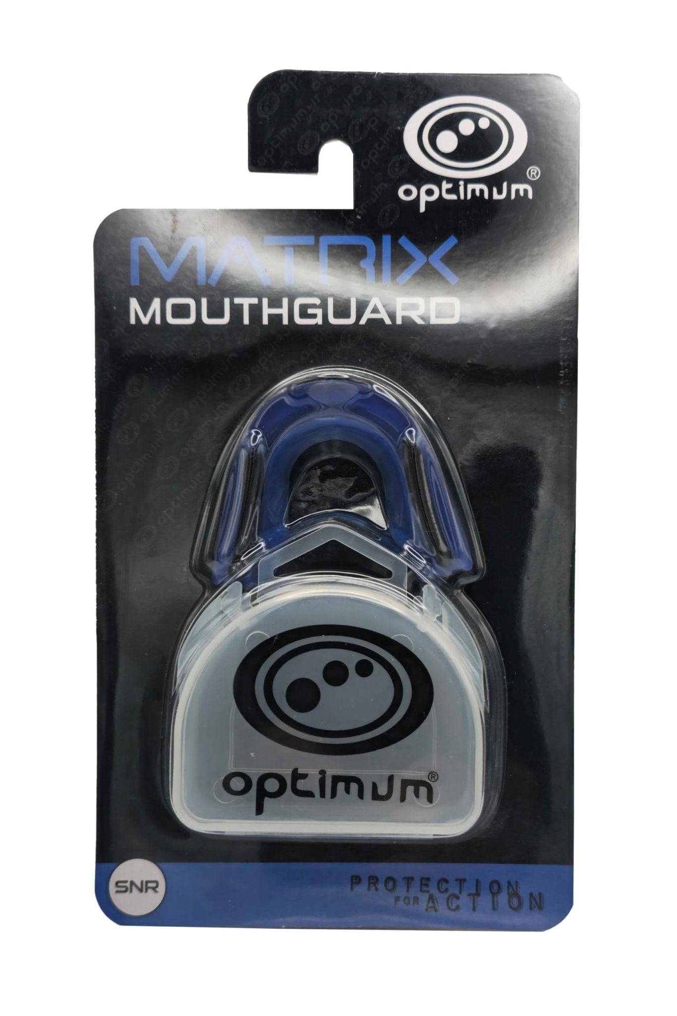 Blue Optimum Matrix mouthguard in branded blister pack with clear case, black card backing, on white - Optimum