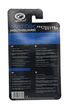 Reverse of Optimum Matrix mouthguard blister pack showing product details and fitting instructions, black card - Optimum
