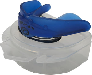 Blue Optimum Matrix mouthguard with black logo resting on clear storage case, side view on white - Optimum
