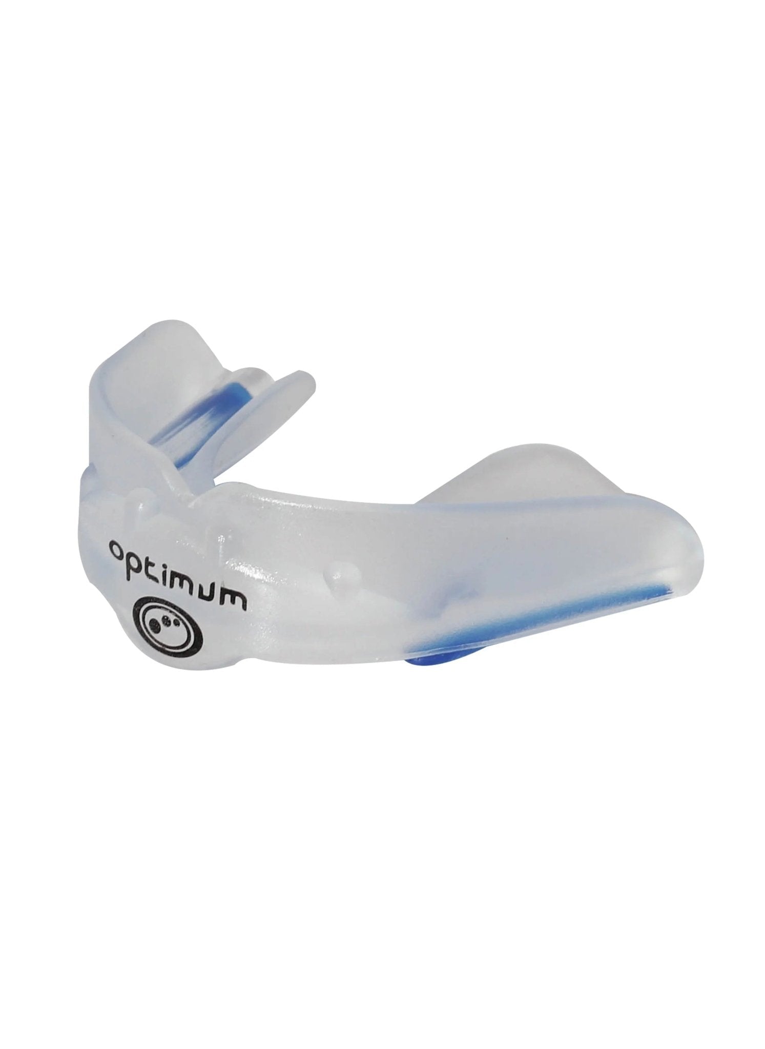 Clear Optimum Matrix mouthguard with blue accents and black logo, side view on white background - Optimum