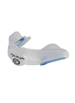 Clear Optimum Matrix mouthguard with blue accents and black logo, side view on white background - Optimum