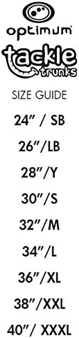 Optimum Tackle Trunks size guide chart with logos listing waist sizes 24in to 40in XXXL on white - Optimum