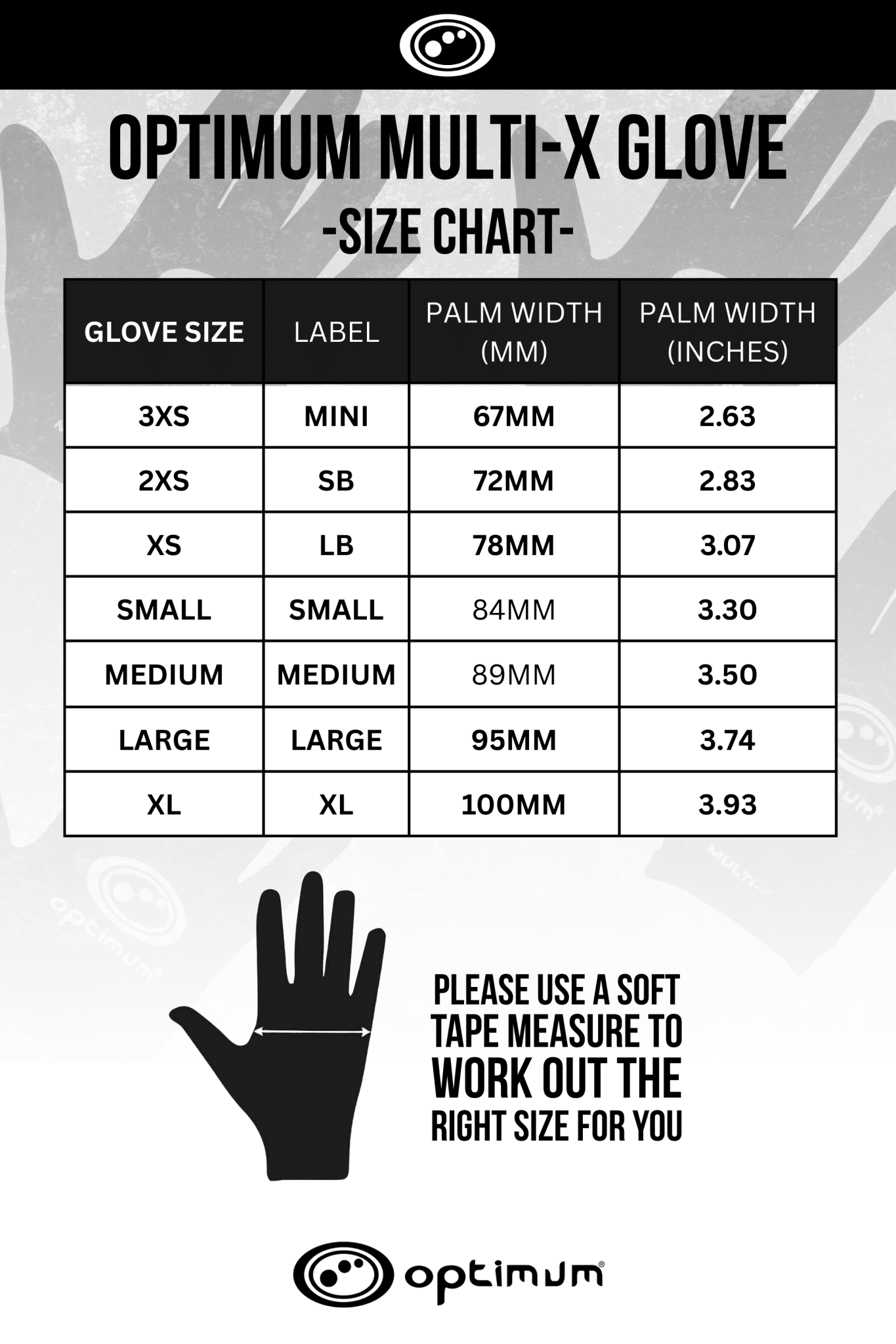 Optimum Multi-X glove size chart in black and white showing palm width sizes and a hand graphic - Optimum