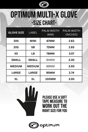 Optimum Multi-X glove size chart in black and white showing palm width sizes and a hand graphic - Optimum