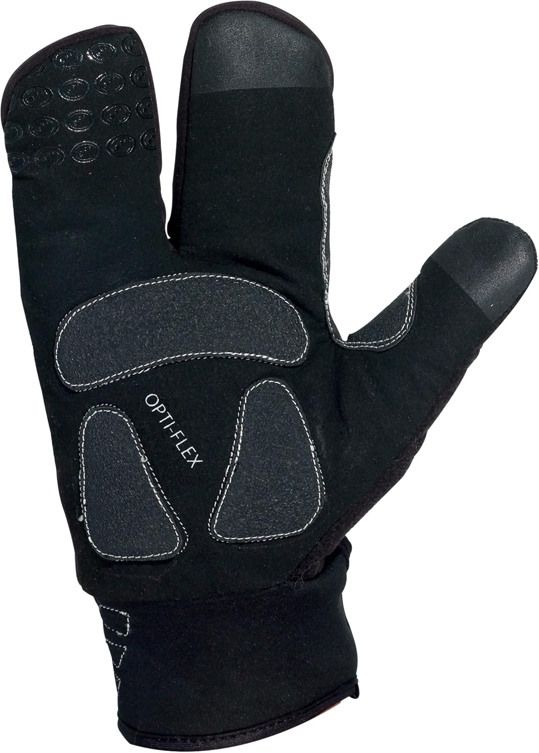 Black three-finger lobster winter glove, palm view with grey Opti-Flex padding, on white - Optimum