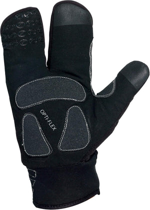 Black three-finger lobster winter glove, palm view with grey Opti-Flex padding, on white - Optimum