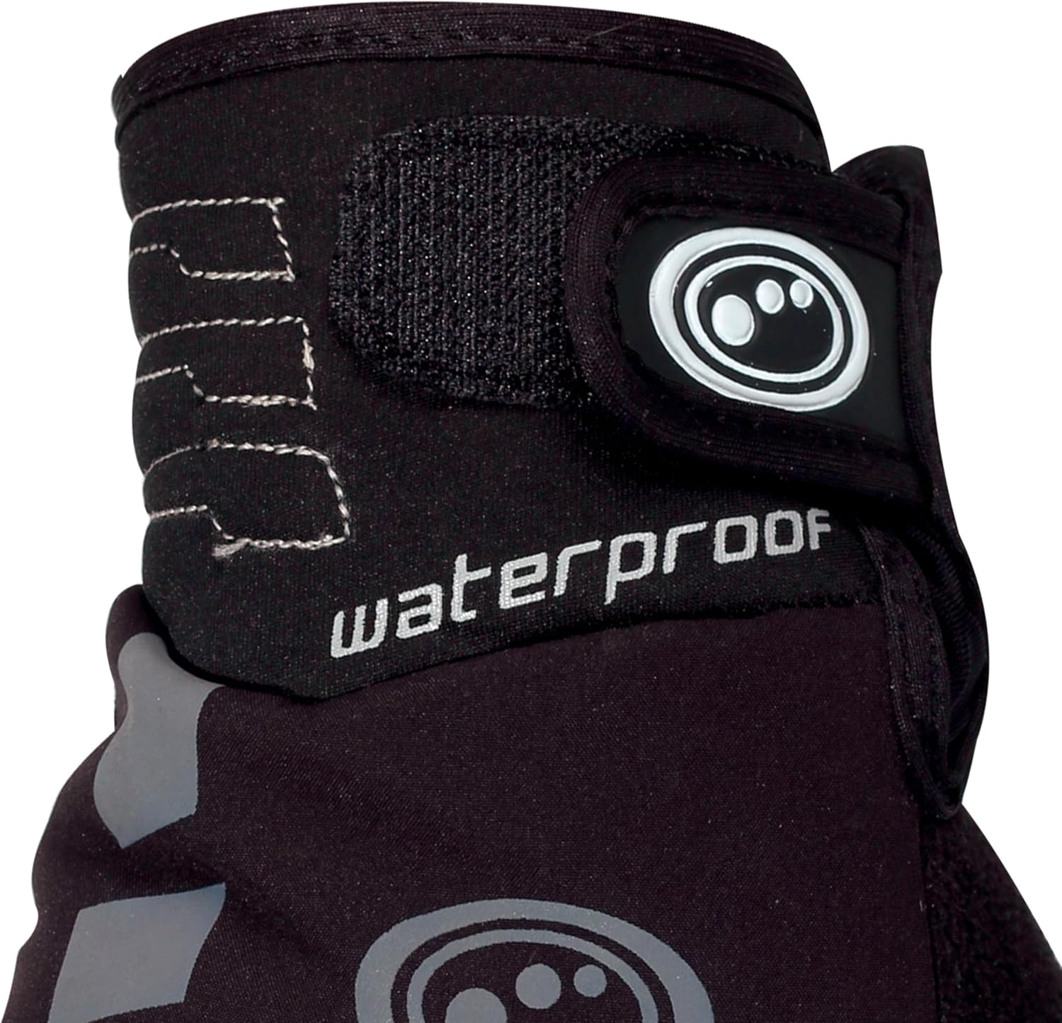 Close-up of black lobster glove cuff with wrist strap, logo badge and waterproof text, on white - Optimum