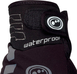Close-up of black lobster glove cuff with wrist strap, logo badge and waterproof text, on white - Optimum