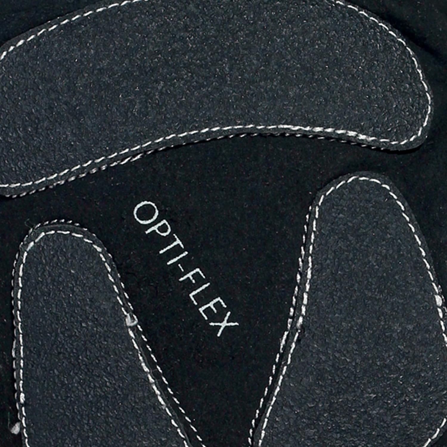Close-up of black glove palm with grey Opti-Flex padding and white stitching - Optimum
