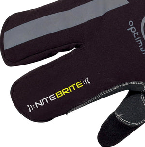 Close-up of black lobster glove back with reflective stripe and yellow NiteBrite logo, on white - Optimum