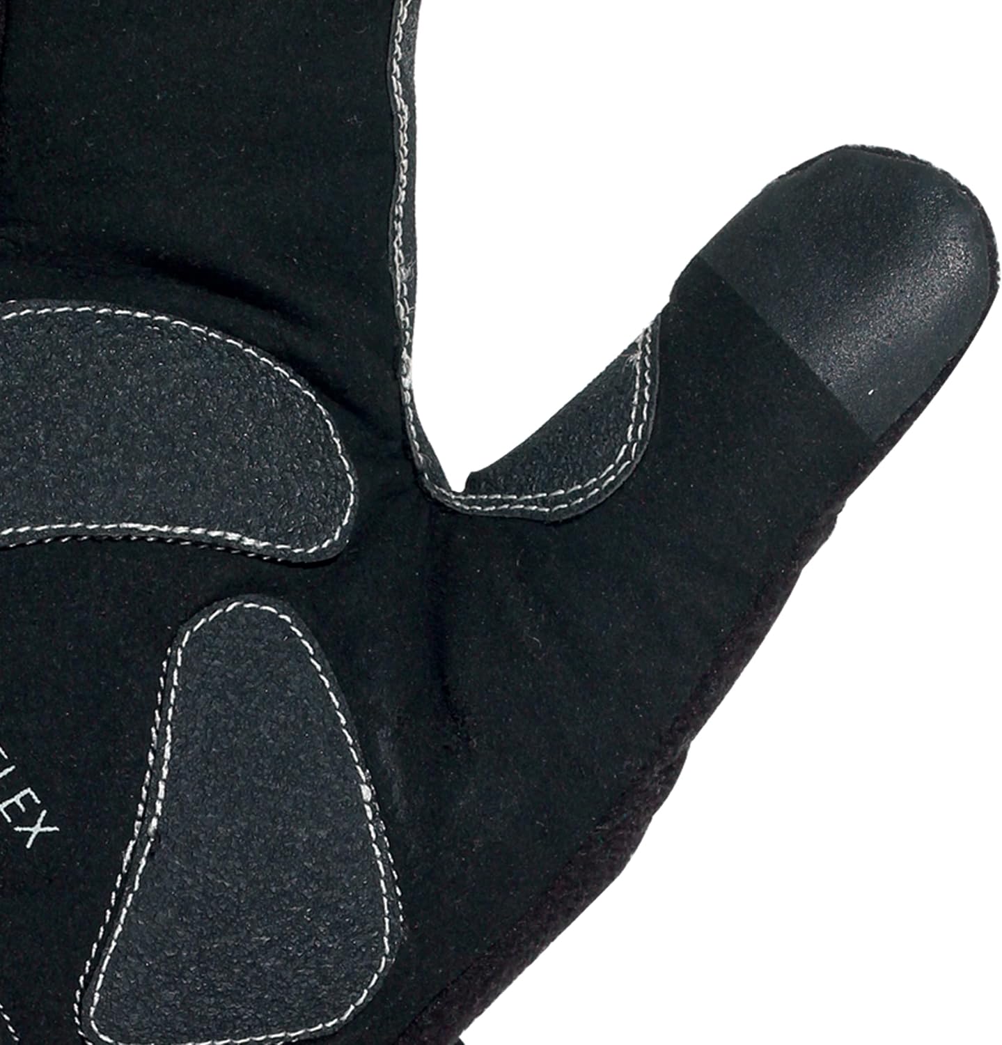 Close-up of black lobster glove thumb and grey Opti-Flex palm padding, on white - Optimum