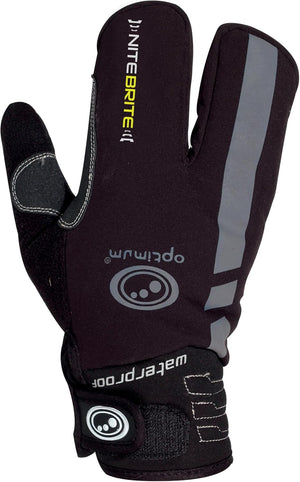 Black three-finger lobster winter glove, back view with reflective stripe and Optimum logo, on white - Optimum