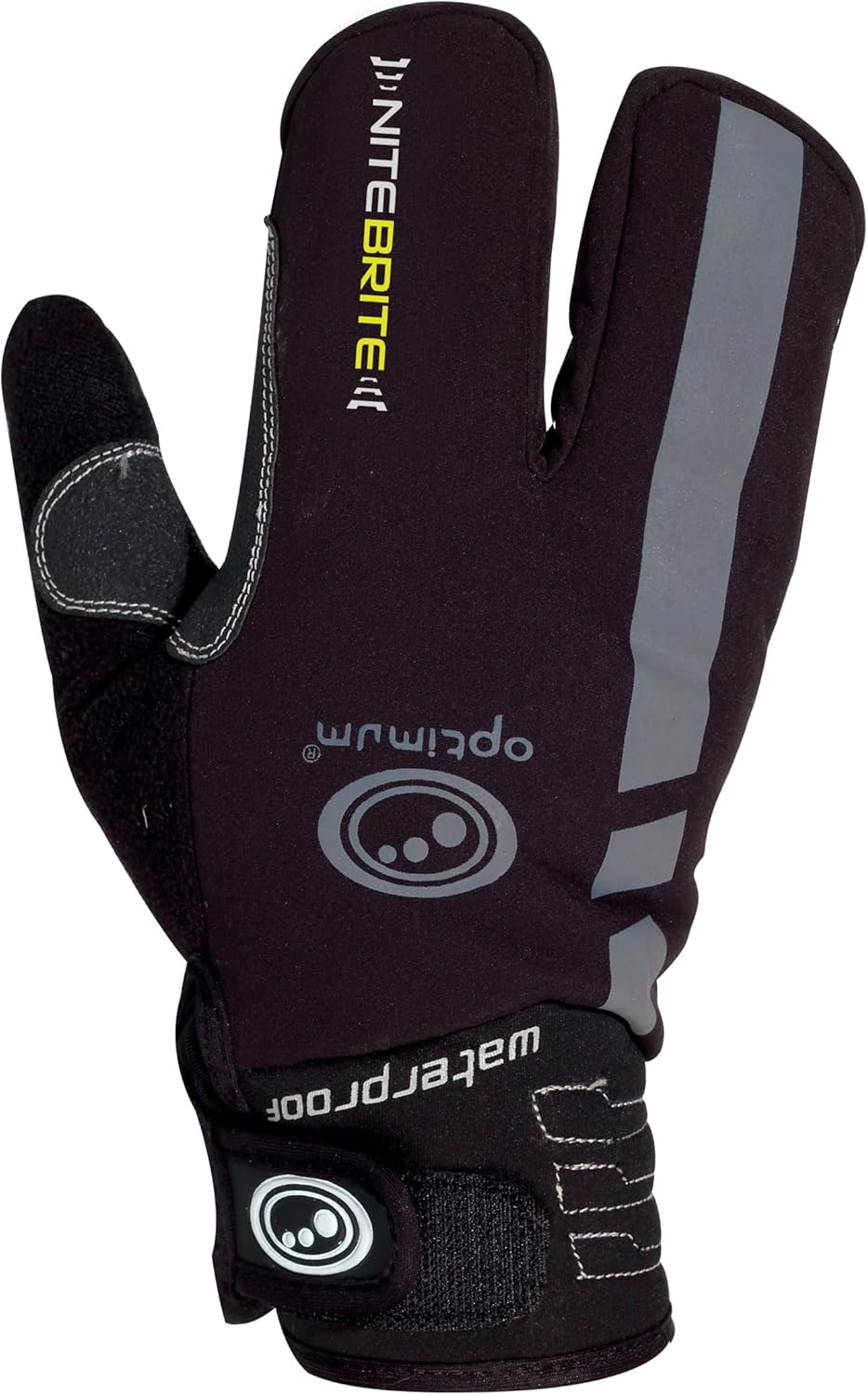 Black three-finger lobster winter glove, back view with reflective stripe and Optimum logo, on white - Optimum