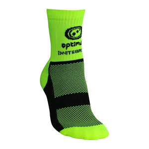 Fluro green Optimum NiteBrite cycling sock with black mesh sole and logo, side view on white - Optimum