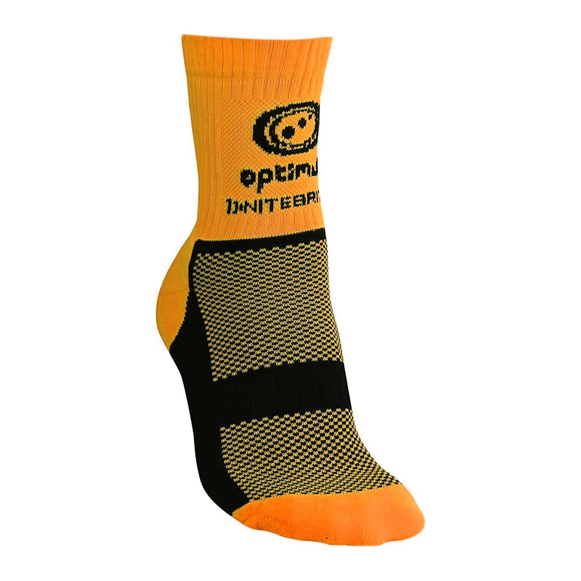 Fluro orange Optimum NiteBrite cycling sock with black mesh sole and logo, side view on white - Optimum