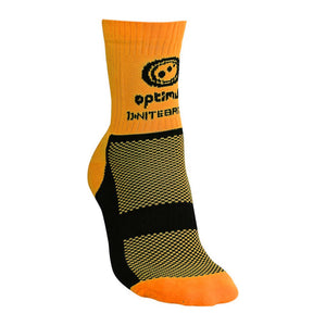 Fluro orange Optimum NiteBrite cycling sock with black mesh sole and logo, side view on white - Optimum