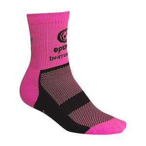 Fluro pink Optimum NiteBrite cycling sock with black mesh sole and logo, side view on white - Optimum