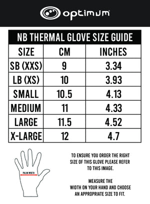 Optimum NB Thermal Glove size guide chart showing sizes in cm and inches on black - Optimum