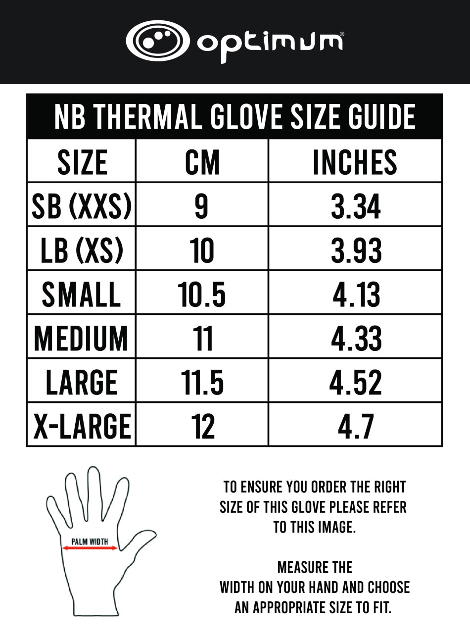 Optimum NB Thermal Glove size guide chart showing sizes in cm and inches on black - Optimum