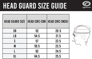Optimum head guard size guide chart with head circumference in cm and inches and fitting diagram - Optimum
