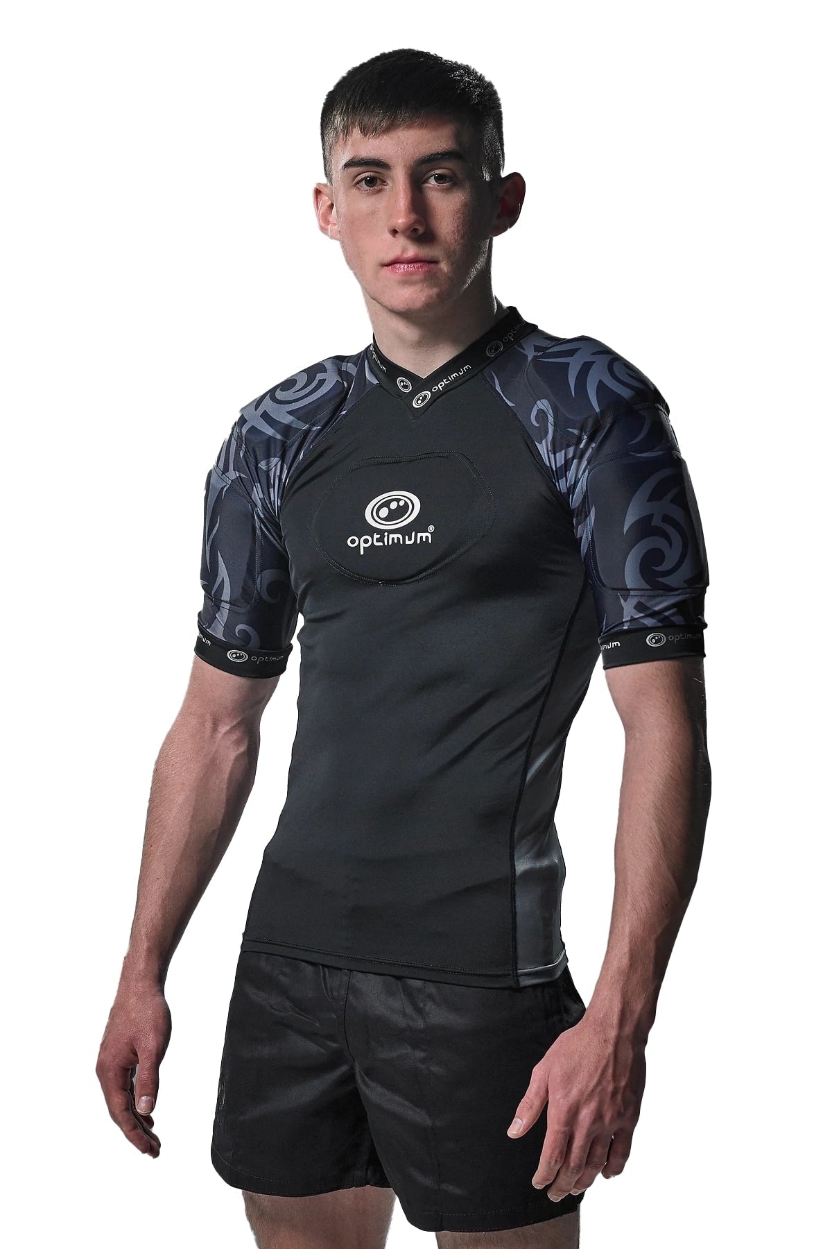 Black and grey Optimum Razor protective shoulder-pad top, front view on model, white background - Optimum