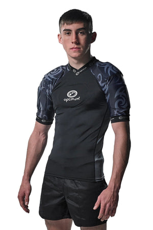 Black and grey Optimum Razor protective shoulder-pad top, front view on model, white background - Optimum