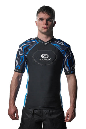 Black Optimum Razor protective top with blue tribal-print padded shoulders, front view on model - Optimum