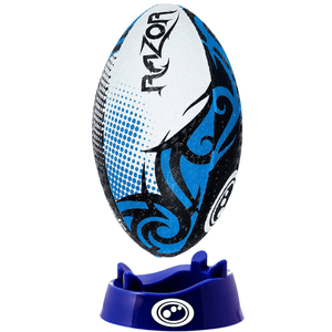 Optimum Razor Rugby Ball in Black/Blue with kicking tee