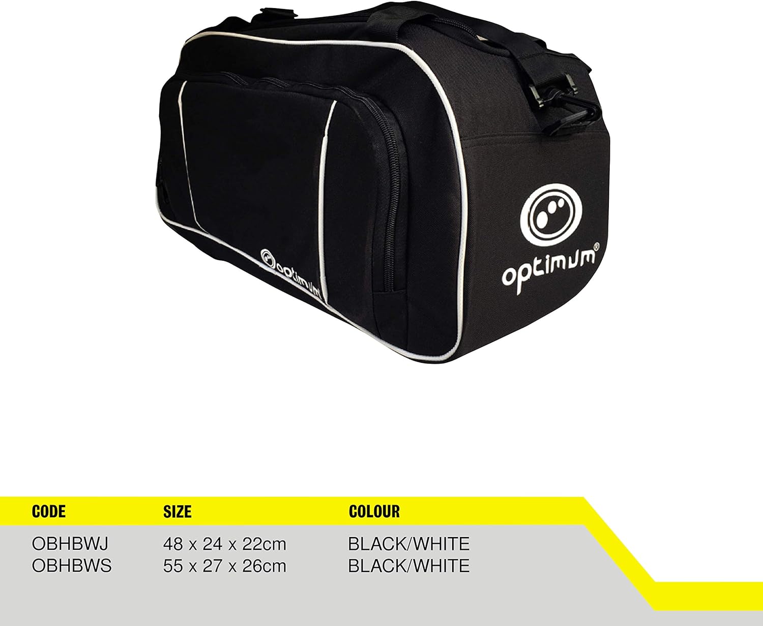 Black and white Optimum holdall duffel bag with spec table showing two sizes, angled view on white - Optimum
